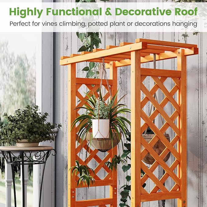 Giantex Set of 2 Raised Garden Bed with 2-Sided Trellis & Hanging Roof, Fir Wood Planter Box w/Drainage Holes, Bottom Gaps, Freestanding Garden Planter for Flowers Herbs Climbing Vines (31"x12.5"x60")