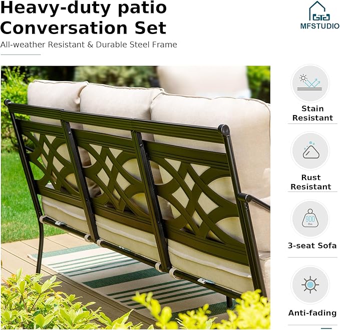 MFSTUDIO 7 Seats Large Metal Patio Conversation Sets, 5 Pieces Outdoor Furniture Sofa with 2 Swivel Chairs, 1 Sofa(3-seat), 1 Loveseat and Table for Outside Balcony Backyard Poolside