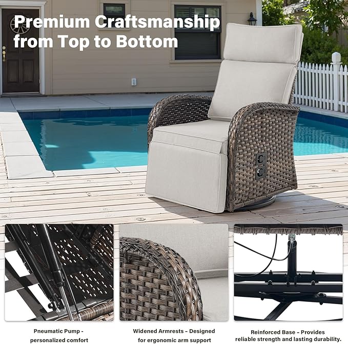 Belord Dual-Adjust Outdoor Swivel Recliner Chair – Reclining Patio Chair with Adjustable Backrest and Footrest, All-Weather Wicker Chaise Lounge Chair Outdoor for Pool Deck Brown (Upgraded 2.0)