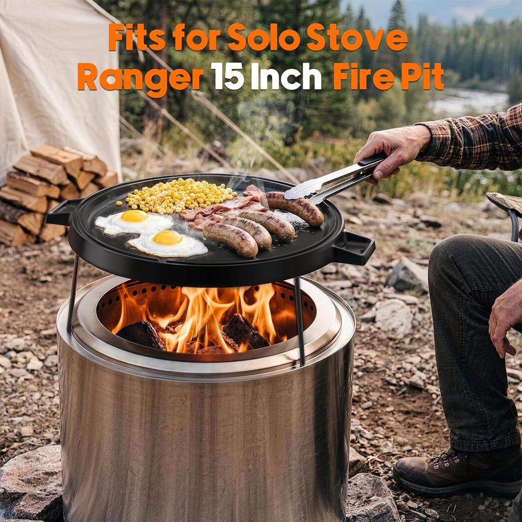 onlyfire Cast Iron Griddle Pan for Solo Stove 15" Ranger Fire Pit | Double Sided Reversible Grilling Pan with Detachable Legs, Extends Cooking Space for Outdoor Camping