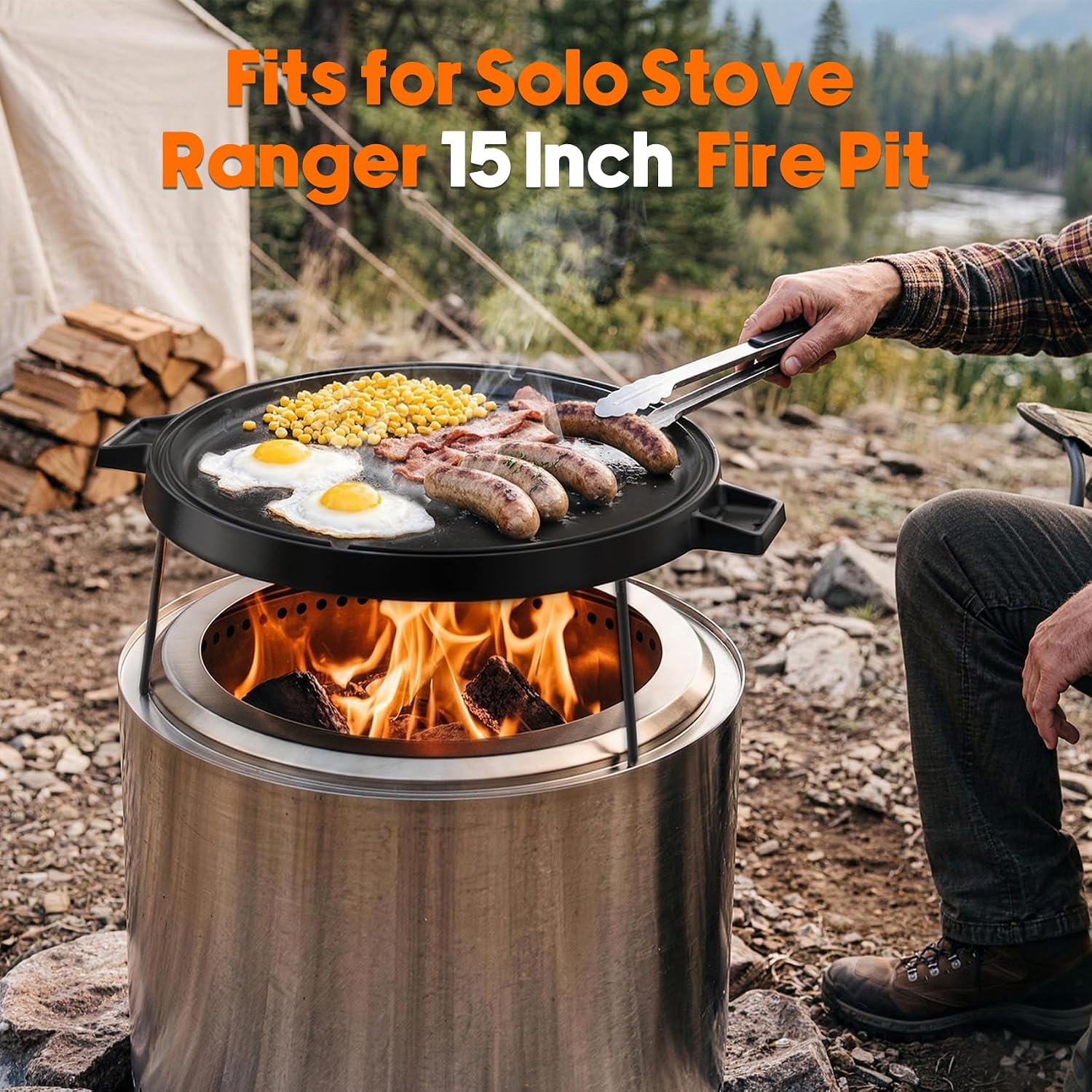onlyfire Cast Iron Griddle Pan for Solo Stove 15" Ranger Fire Pit | Double Sided Reversible Grilling Pan with Detachable Legs, Extends Cooking Space for Outdoor Camping