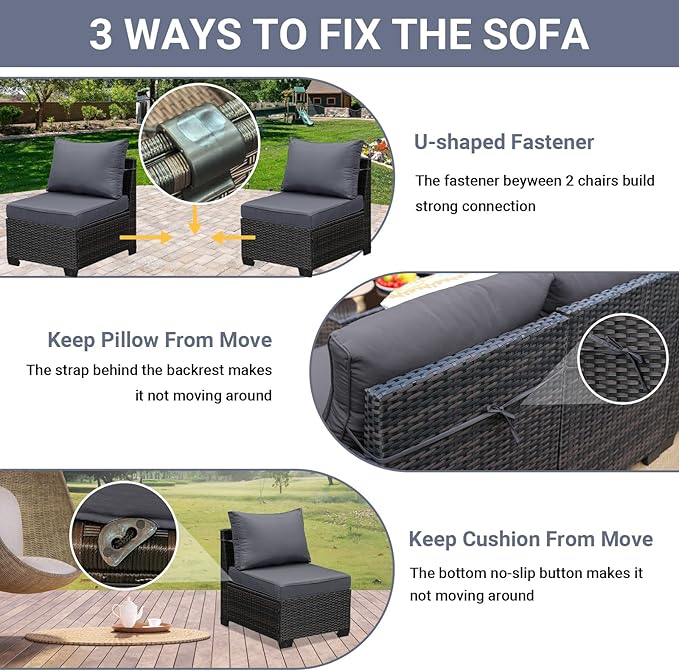Jing's Villa 5-Piece Patio Furniture Set, All-Weather Outdoor Wicker Sectional Sofa with Cushions, Tempered Glass Table & Ottoman, Rattan Conversation Seating for Porch, Garden, Backyard,Grey