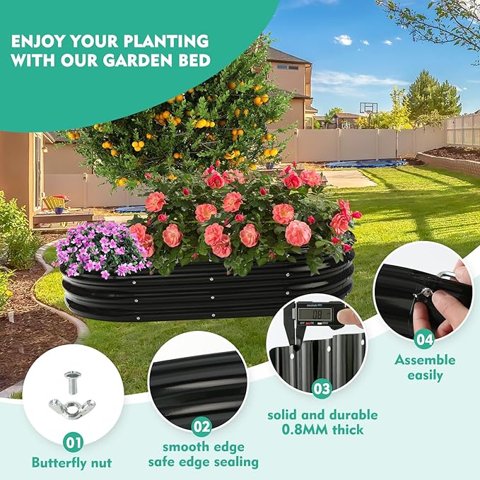 6X3X1 FT Oval Galvanized Metal Garden Raised Bed/Plant Box for Planting,36 Inches Diameter Iron Fire Pit Ring,Small Animal Fence-3 in 1 Modular Design in Black (Black, 72X36X11.5 Inches)