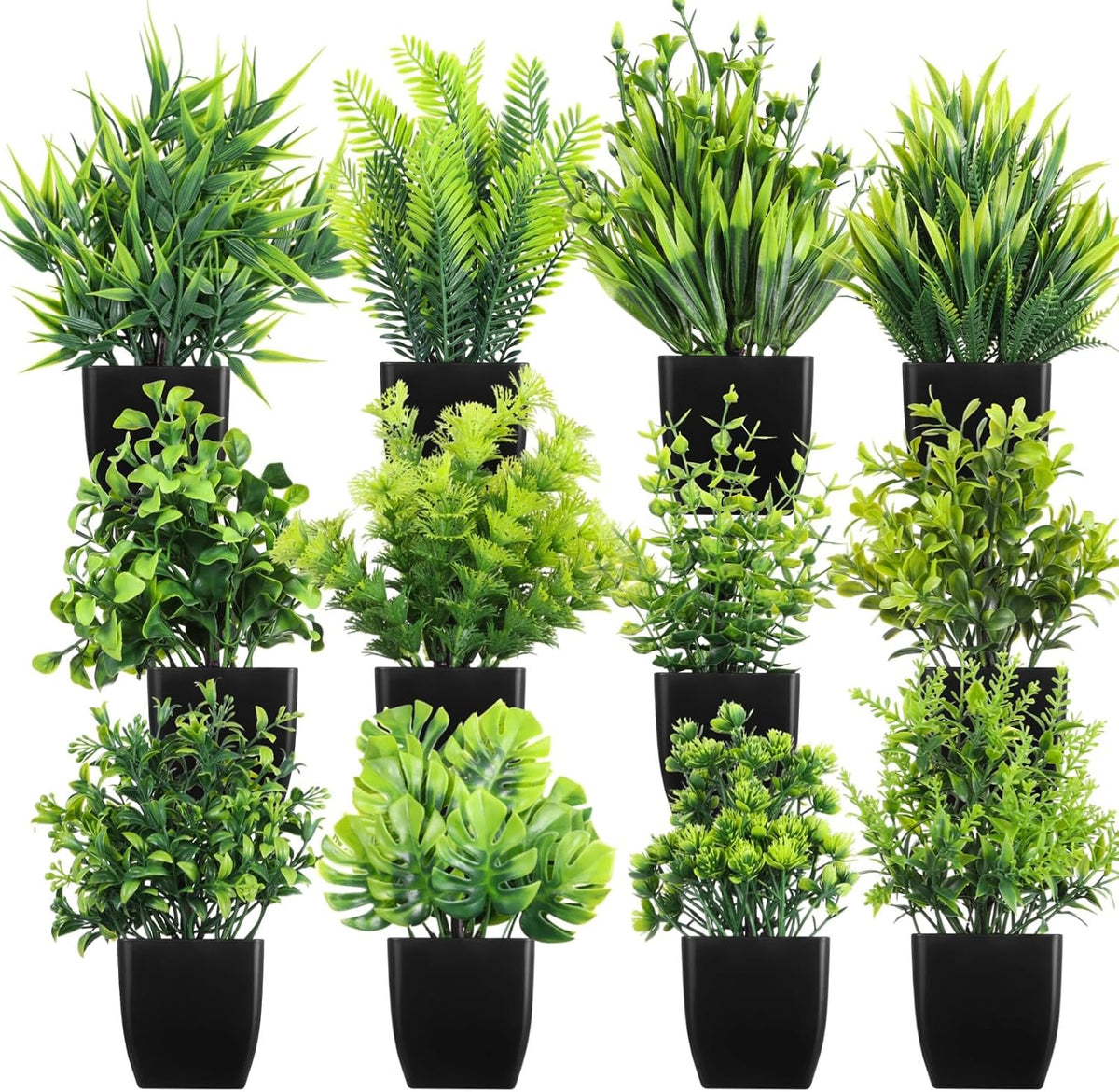 fake plants in black pots, mini artificial eucalyptus, main product view