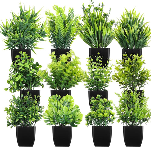 fake plants in black pots, mini artificial eucalyptus, main product view