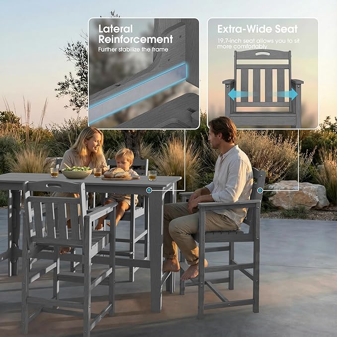 Ciokea 3 Pcs Outdoor Bar Height Table Set, 60" Extra Long Rectangle High Top Table and 2 Oversized Adirondack Chairs Set, Heavy-Duty All-Weather HDPE Patio Bar Set for Backyard Balcony Deck,Grey