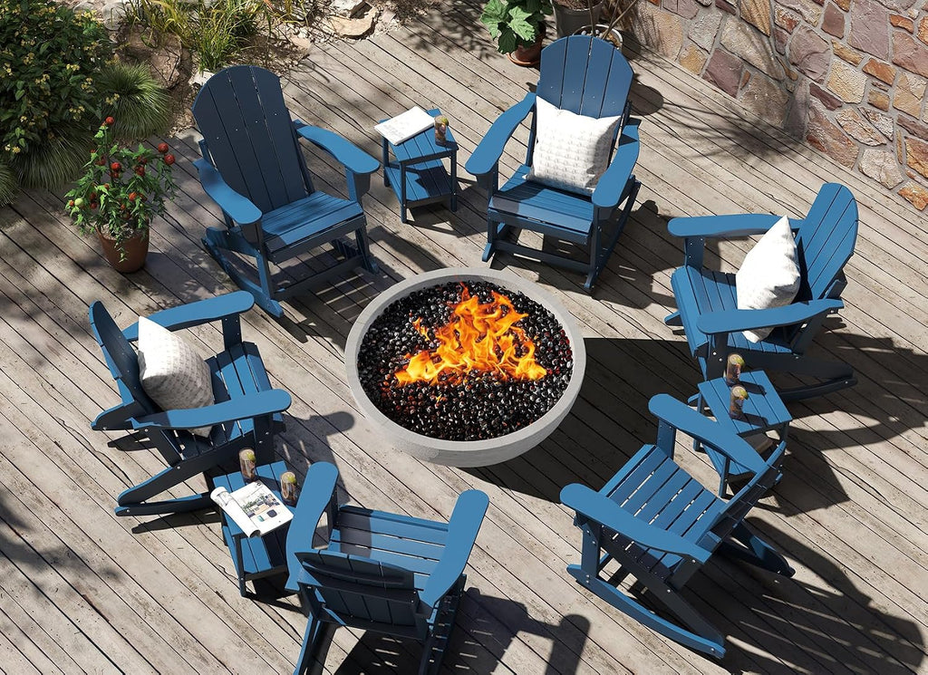 GREENVINES Adirondack Rocking Chairs Set of 2, HDPE Outdoor Rockers, Blue | Heavy Duty Thickened Legs | 5’’ Wide Armrests | All Weather | Porch Rocker Chair | Low Maintenance for Patio Deck Fire Pit