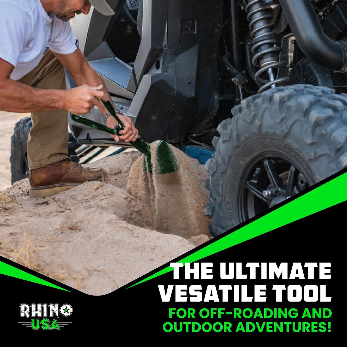 rhino usa folding survival shovel with pick on a desk or shelf