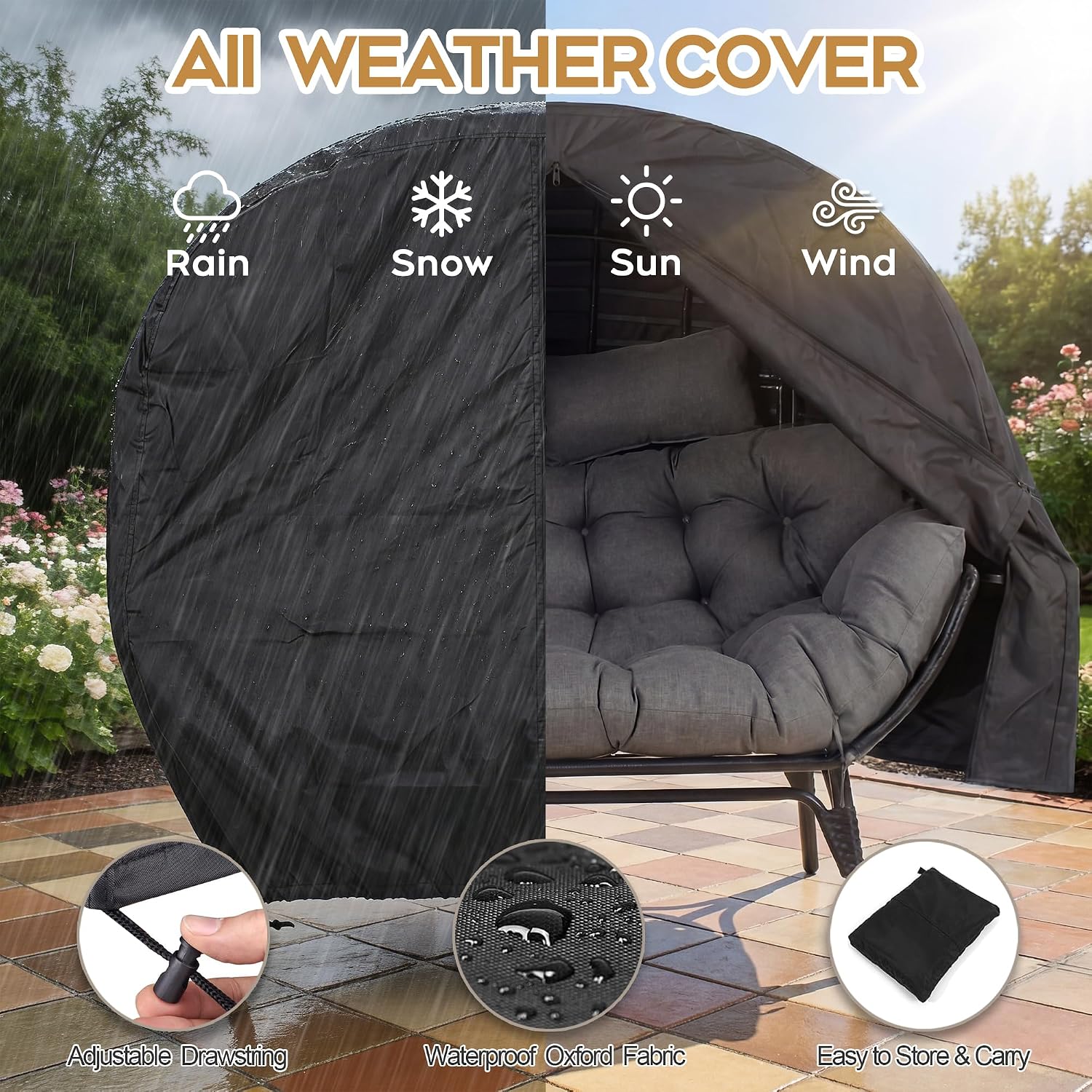 Double Egg Chair Outdoor Indoor 2 Person Wicker Egg Lounge Chair with Foldable Cup Holder Cushion Rain Cover Patio Oversized Loveseat for Balcony Porch Backyard