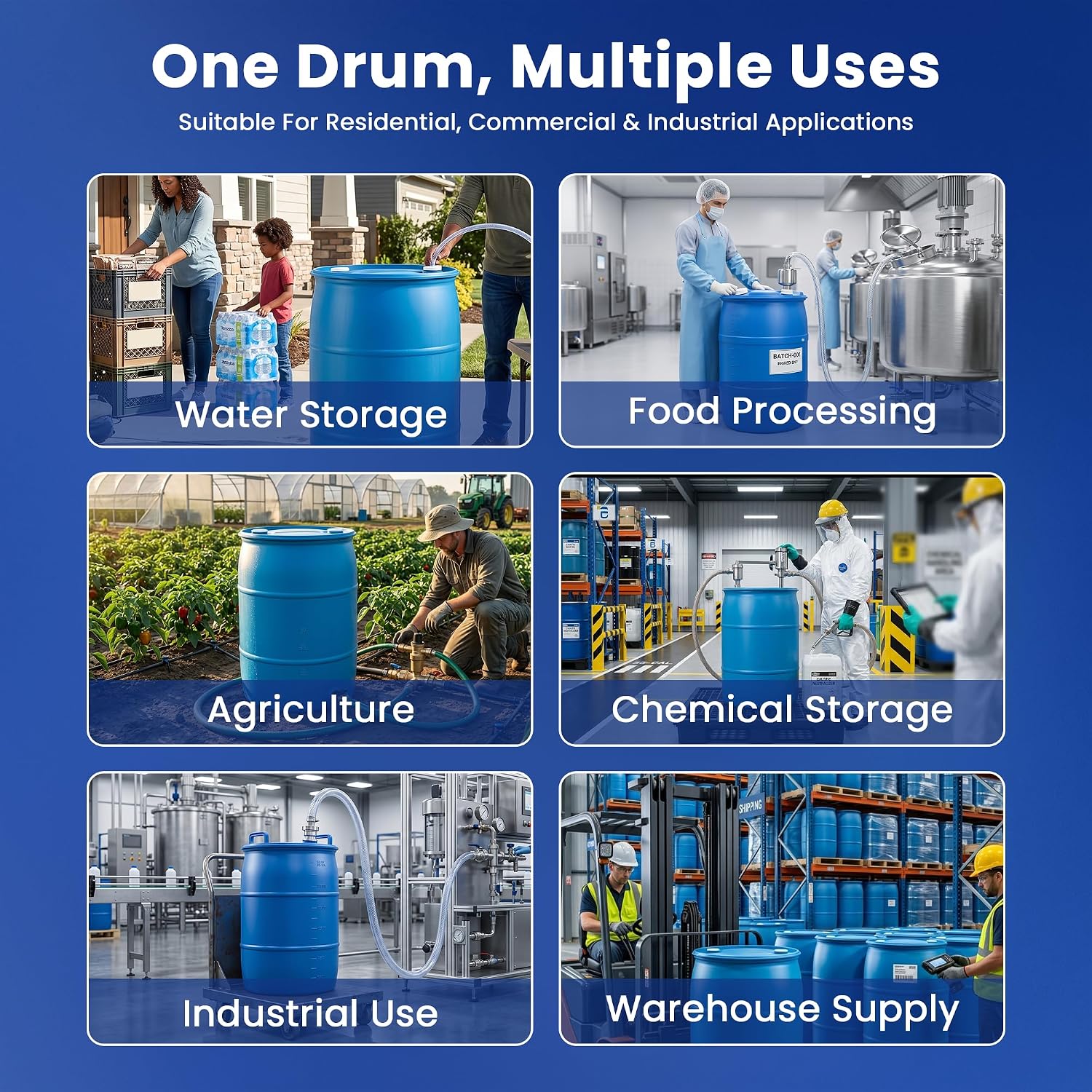 55-Gallon Water Storage Barrel, BPA Free, Emergency Water Supply - Eco Friendly - Made in USA (Blue)