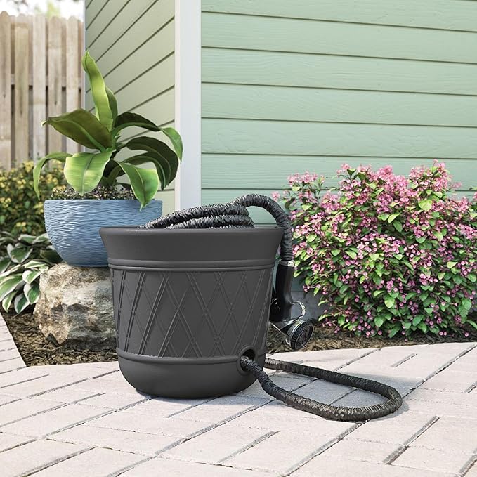 Suncast 12 Pack 14" x 12" Round Resin Decorative Weatherproof Outdoor Hideaway Standard Garden Hose Storage Pot with Drainage Holes, Gray