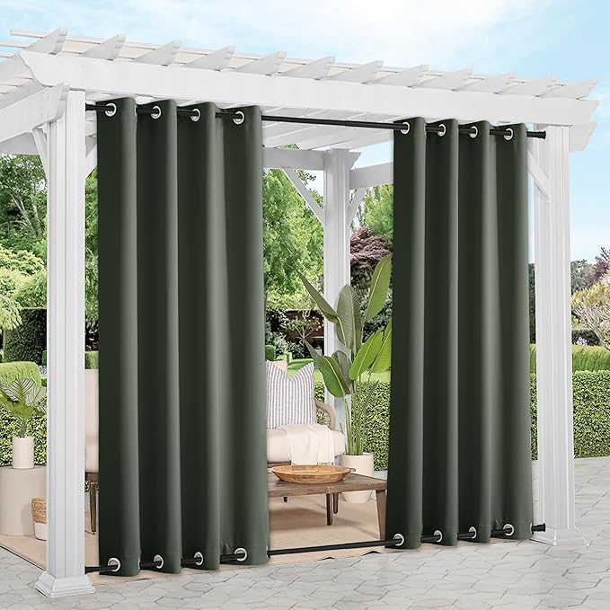 NICETOWN Outdoor Curtains 2 Panels Bottom Weighted for Patio Waterproof, Grommet Thermal Insulated Fixed Windproof Blackout Outdoor Curtains Privacy for Pergola, W52 x L95, Greyish Green