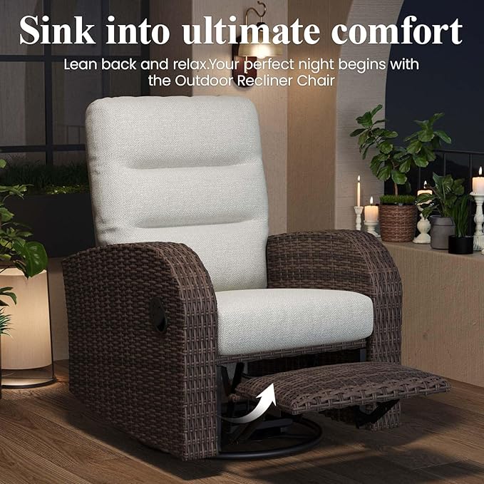 LayinSun Oversized Wicker Outdoor Swivel Glider Recliner with Adjustable Backrest & Footrest, Patio Reclining Lounge Chair - Set of 2