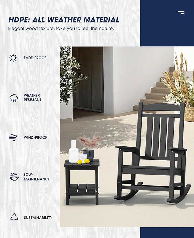 KINGYES HDPE Outdoor Rocking Chair, Widened Seat Patio Rocking Chair, Oversized All Weather Patio Rocker, Black