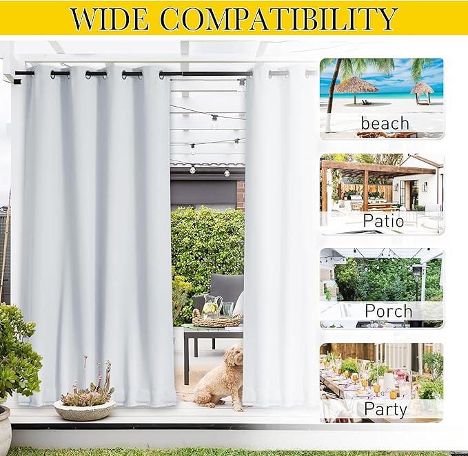NICETOWN 2 Panels Outdoor Curtains with Grommet & Back Tab on top and Bottom for Patio Waterproof, Windproof Privacy Sound & Light Reducing for Cabana with Fixed Rope, W52 x L72, Greyish White