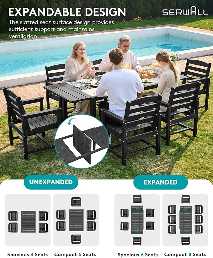 SERWALL 7-Piece Patio Dining Sets, 60" - 83" Expandable Outdoor Dining Table and 6 HDPE Chairs, All Weather HDPE Outdoor Furniture Set for Backyard, Garden, Black