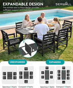 SERWALL 9-Piece Outdoor Dining Set, 60" - 83" Expandable Outdoor Dining Table and 8 HDPE Chairs, All Weather HDPE Outdoor Furniture Set for Backyard, Garden, Black