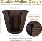Sunnydaze 15.25-Inch Anjelica Large Plastic Pot for Plants - Outdoor Double-Walled Large Plastic Planter with Drillable Drainage Holes - Rust - 4pk