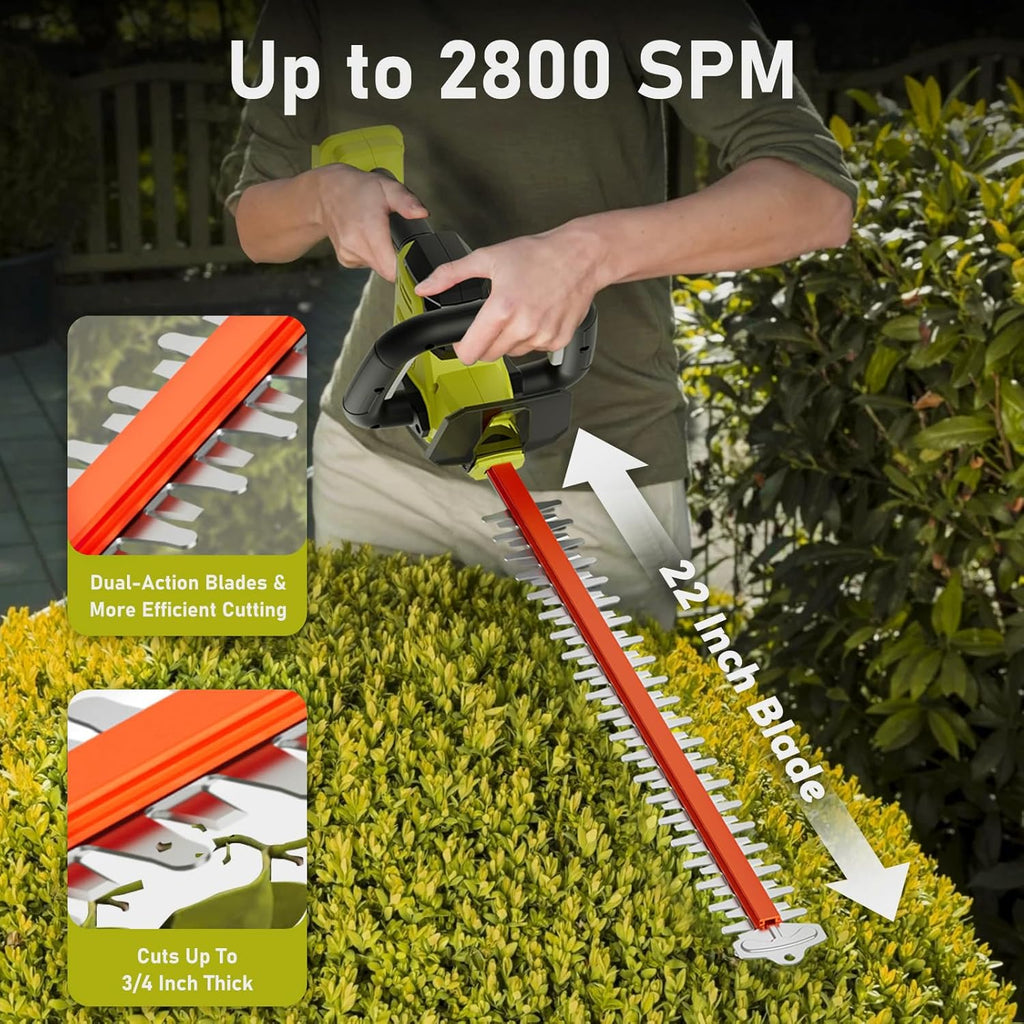 22 inch Hedge Trimmer Cordless with 2 Battery and Charger, 20V Handheld Electric Hedge Cutter with Dual-Action Blades, Lightweight Bush Trimmer Pruning Shears Brush Cutter Shrub for Garden Yard Tools