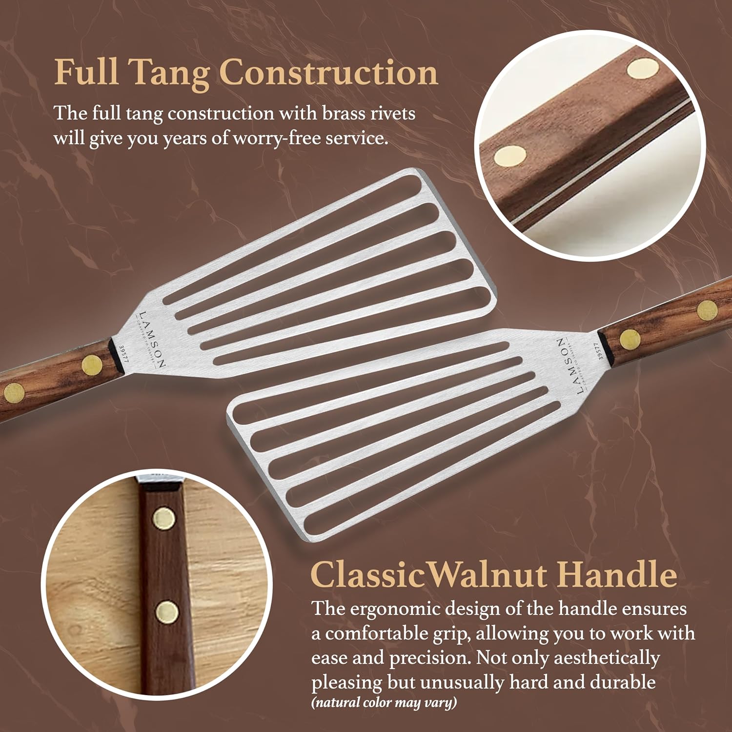 Lamson Slotted Fish Spatula – Flexible Stainless Steel Turner with Walnut Handle | Right-Hand Chef's Frying and Grilling Turner, 3" x 6", Made in USA