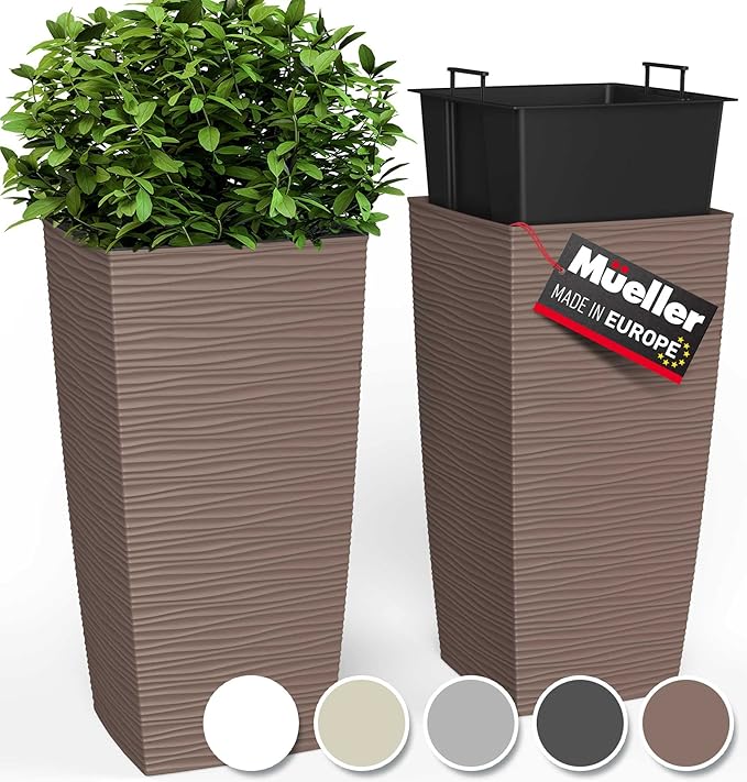 Mueller Janska M-Resin Heavy Duty Tall Planter, Indoor/Outdoor Grande Plant, Tree, Flower Pot, 2-Piece Set, 27.5”, Modern Design, Built-in Drainage, Mocha