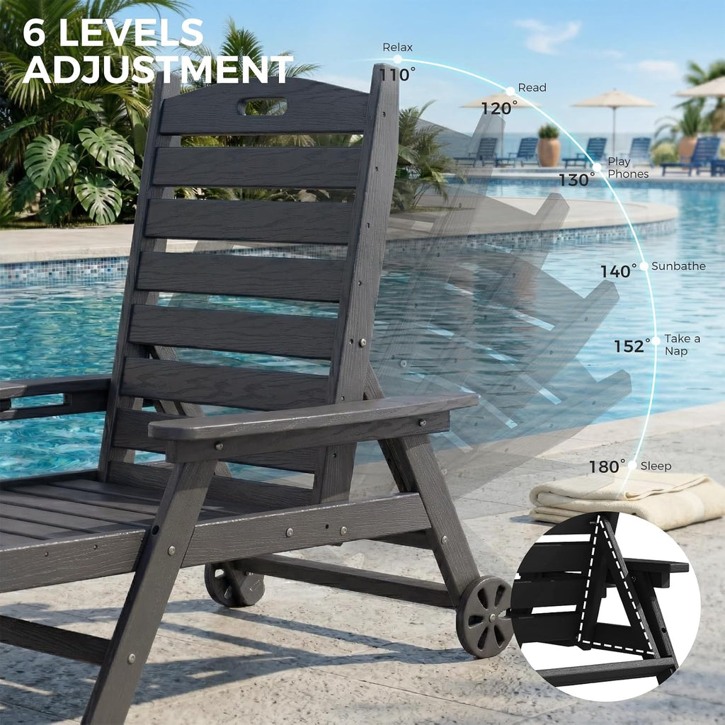 HDPE Pool Lounge Chairs Set of 2 with Wheels & Cup Holder, 6-Position Adjustable Outdoor Lounge Chair, Easy 20-Min Assembly, 450LBS Bearing, Patio Lounger for Poolside, Deck, Backyard (Grey)