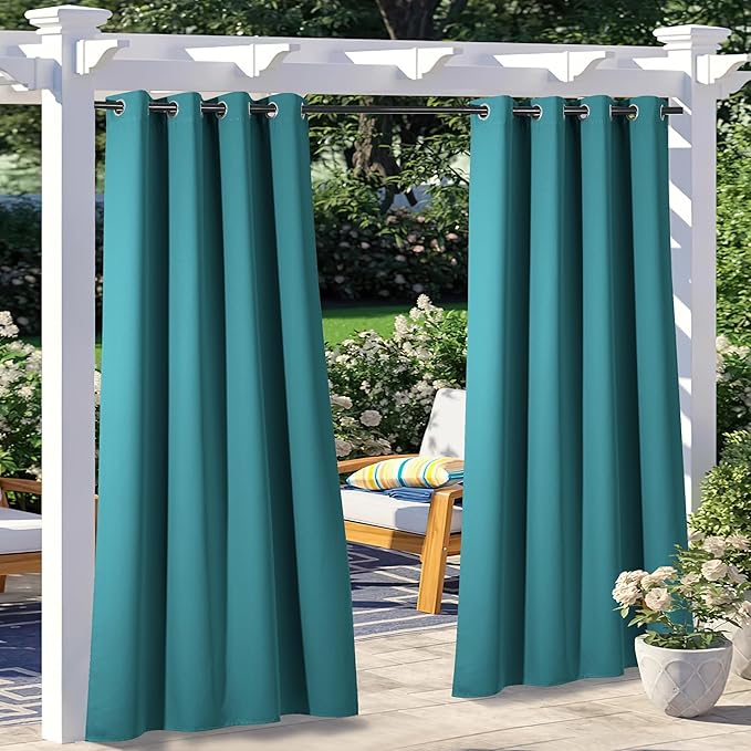 NICETOWN 2 Panels Outdoor Patio Curtains Waterproof 84 inches Long, Rustproof Grommet Gazebo Curtains Thermal Curtains Indoor Outdoor Window Drapes for Porch/Pergola, Peacock Teal, W52 x L84