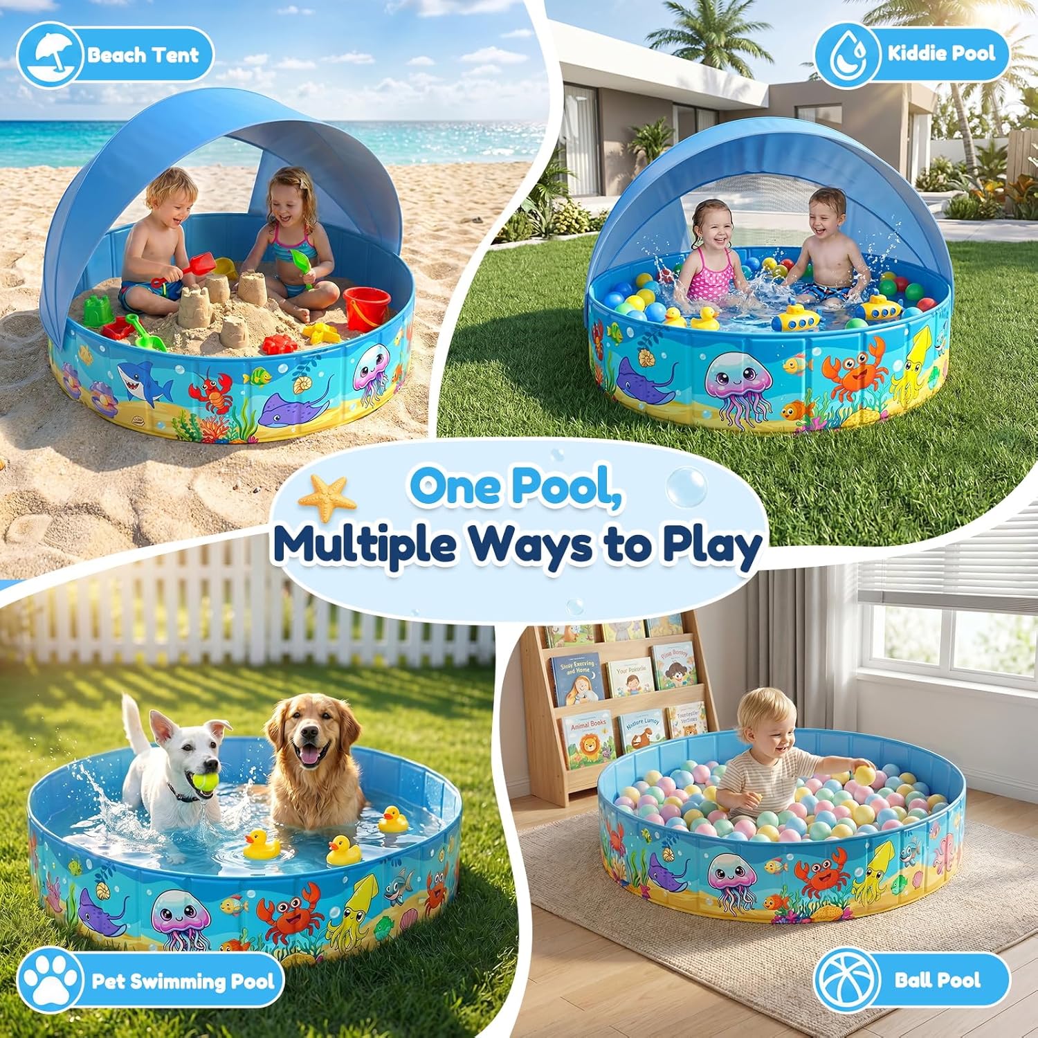 Foldable Kiddie Pool with Canopy 47IN Baby Swimming Pool for Kids | 47IN Toddler Baby Pool with UPF 50+ Shade, Carry Bag Non-Slip, Non-Inflatable Portable Water Play Pool for Backyard Beach