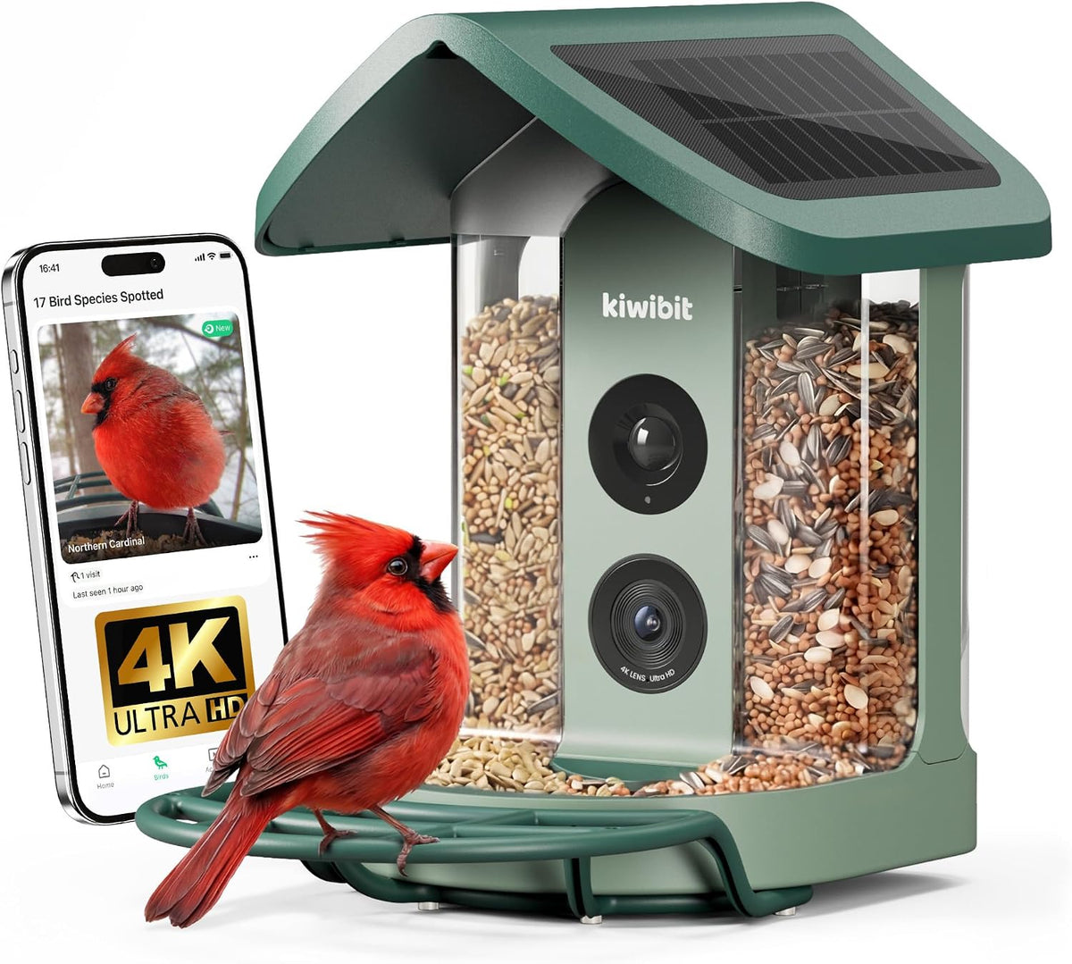 kiwibit solar smart bird feeder with camera, 4k, main product view