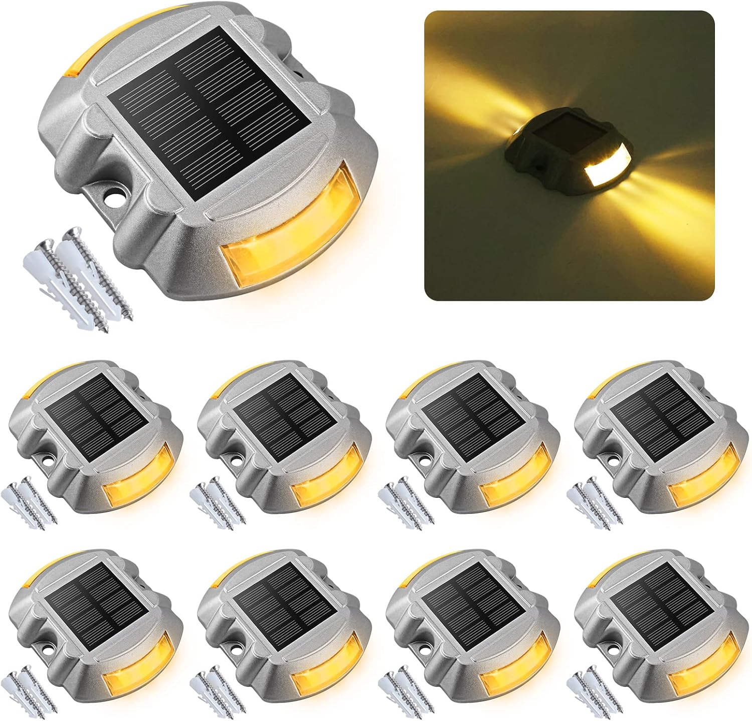 VOLISUN Solar Deck Driveway Dock Lights,Solar Pathway Lights,Warm 8 Pack | Solar Powered LED, IP68 Waterproof Led Outdoor Warning Step Marine Lights for Sidewalk Garden Yard