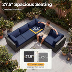NICESOUL 10 Piece L-Shaped Outdoor Furniture Conversation with Fireplace Natural Gas/Propane, 29.3'' High Back Oversized Rattan Sofa Couch, Wide Deep Seated Patio Sectional, 2 Color Cushion Navy&Grey