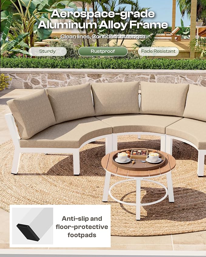 Outdoor Patio Furniture Set, 7 Piece Aluminum Curved Outdoor Sectional Sofas with Modular Coffee Table, PE Rattan Patio Conversation Sets, All-Weather Patio Couch Sets with Cushions, White