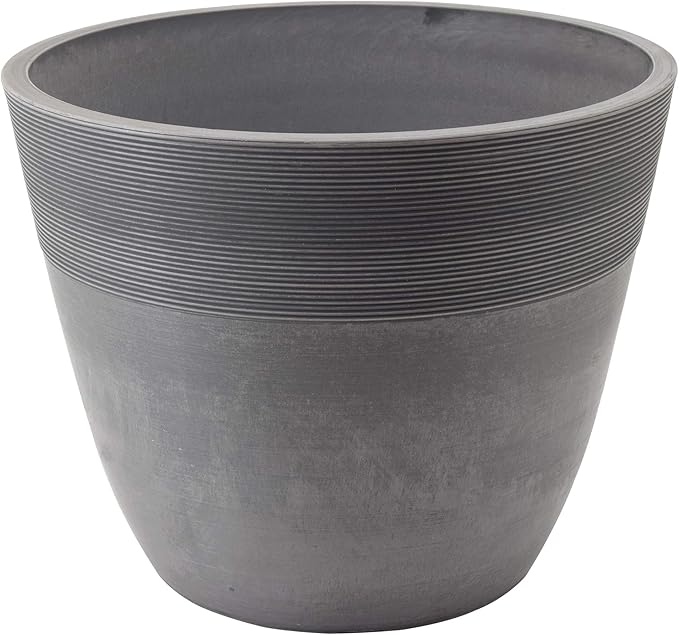 PSW Pot Collection 16-inch Plastic/Stone/Wood Composite Large Ribbed Planter – No Drainage Hole (Drillable), Indoor/Outer Garden Pot for Foliage, Trees, Flowers, Ferns, Cement Gray