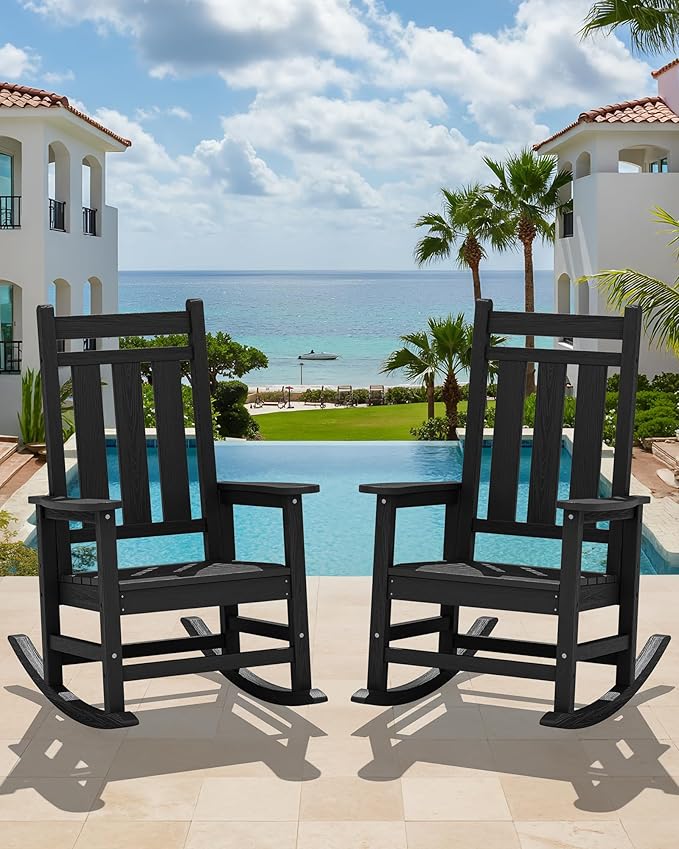 KINGYES Oversized Outdoor Rocking Chair Set of 4, All-Weather Patio Rocking Chairs for Porch, HDPE Outdoor Patio Rockers with High Back & Wide Seat for Garden, Lawn, Black