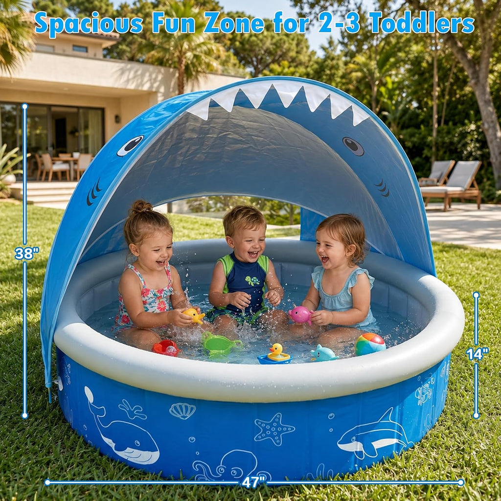 Kiddie Baby Pool with Canopy Sprinkler, 47in Foldable Toddler Pool | Anti-Slip Baby Swimming Pool with Shade, Portable Small Pool & Ball Pit for Kids Age 1-6, Backyard Outdoor Water Play Toy