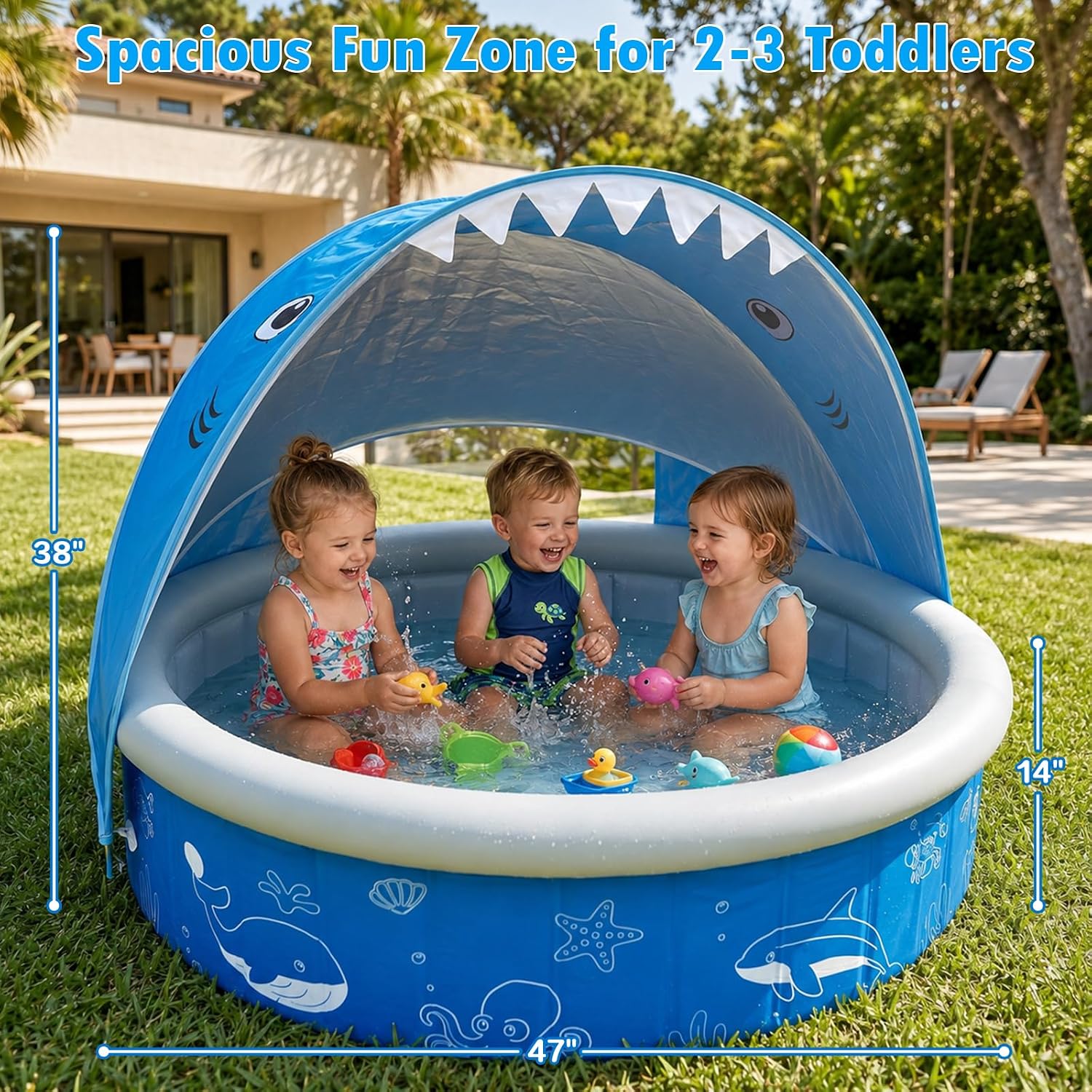 Kiddie Baby Pool with Canopy Sprinkler, 47in Foldable Toddler Pool | Anti-Slip Baby Swimming Pool with Shade, Portable Small Pool & Ball Pit for Kids Age 1-6, Backyard Outdoor Water Play Toy