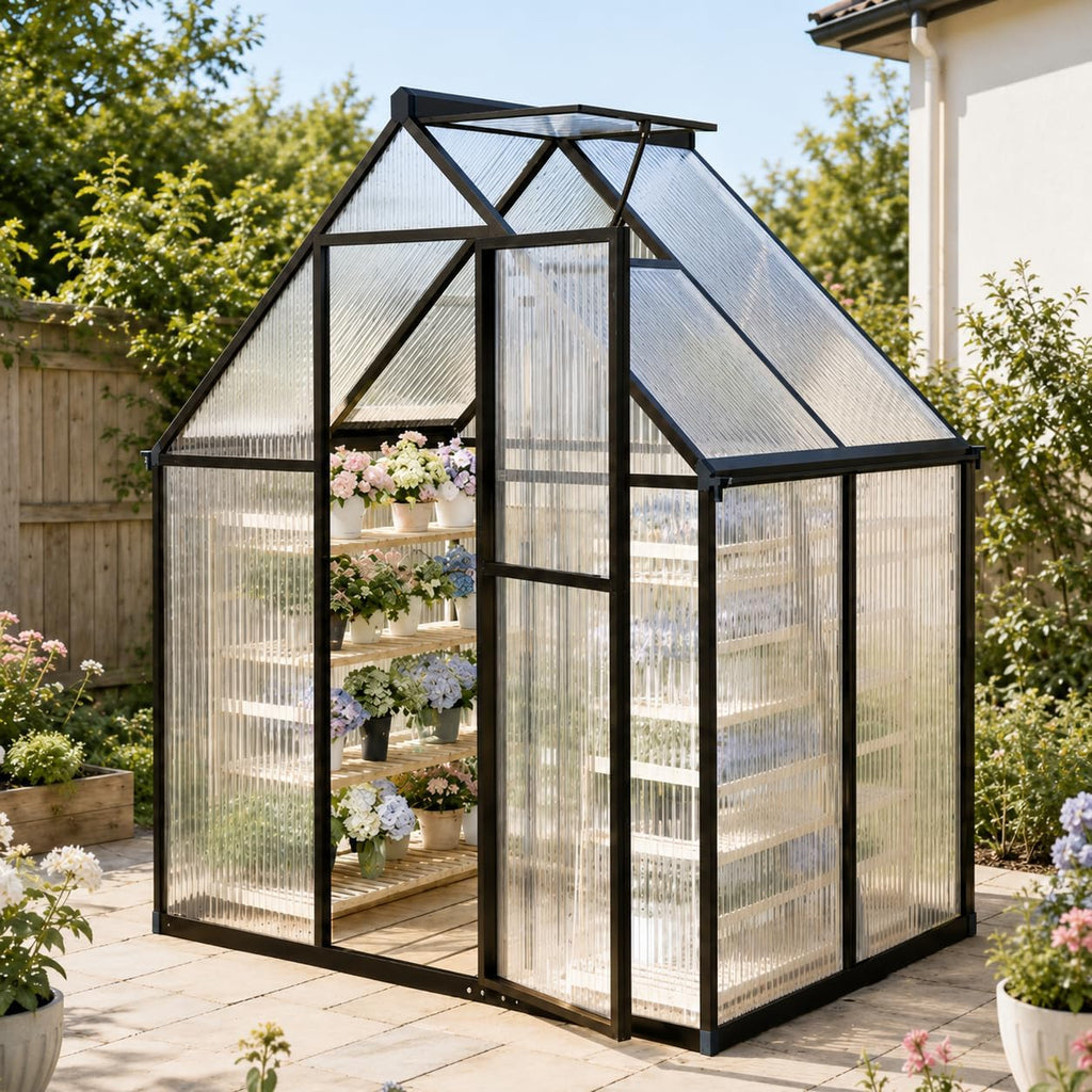 6x4ft outdoor polycarbonate greenhouse with roof vent, dark, main product view