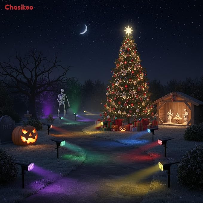 Solar Lights Outdoor Waterproof, LED Solar Spot Lights Outdoor, 7 Color Changing Solar Spotlights, Multicolor RGB Dusk-to-Dawn Uplights for Garden Landscape, Yard, IP65, Auto On/Off
