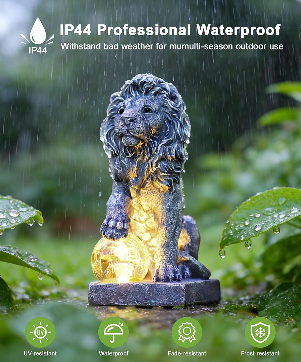 Guardian Lion Outdoor Statues for Garden with Solar Ball (Grey) | 9.45in IP65 Waterproof,Outside Decor, Yard Art Lawn Ornaments, Porch Patio Balcony Home House, Gifts for Mom Grandma Women