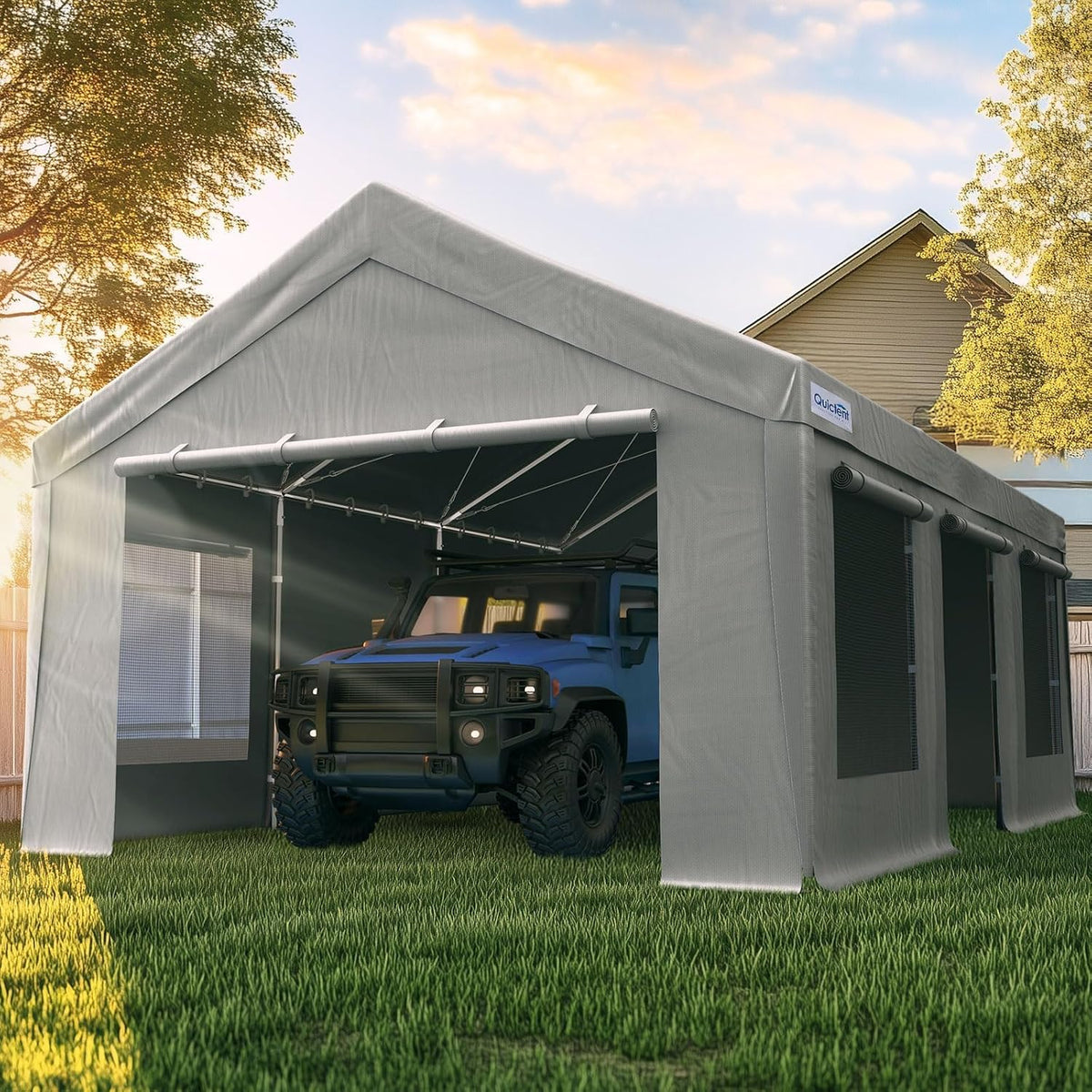 quictent 10x20 ft carports with side zipper doors, front angle view