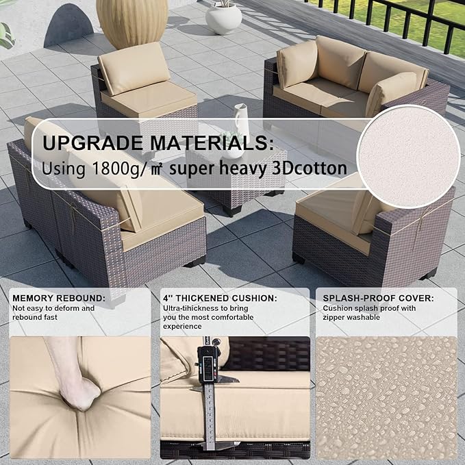 Kullavik 9 Pieces Outdoor Patio Furniture Set PE Wicker Rattan Sectional Sofa Patio Conversation Sets,Sand