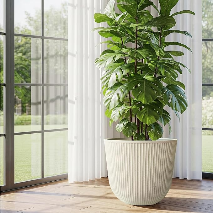 WORTH Garden Round Large Planter Pot 1-Pack - 17.5" Dia x 15.5" H - Durable Plastic Beige Plant Tree Pots with Vertical Stripe Textured Finish, Drainage Hole for Indoor, Outdoor, Front Porch, Patio