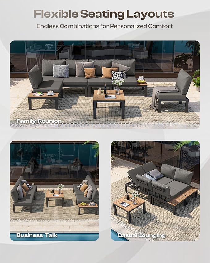 Aluminum Outdoor Patio Sofa Set, 2 Seats Modular Sectional Sofa with Side Table, Thick & Removable Cushions, All-Weather Outdoor Conversation Sets for Garden & Yard, Graphite
