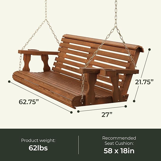 Amish Casual 3 Foot Roll Back Porch Swing with Cup Holders in Cedar Stain - Amish Made in The USA from Treated Pine Heavy Duty 700 Lb. Weight Capacity