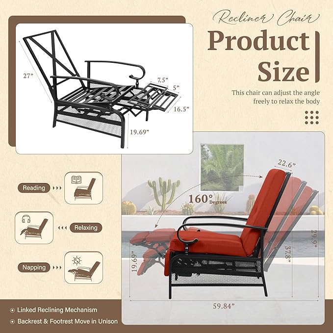Oakcloud Adjustable Outdoor Lounge Chair Metal Patio Relaxing Recliner Chair with Removable Cushions(Red)