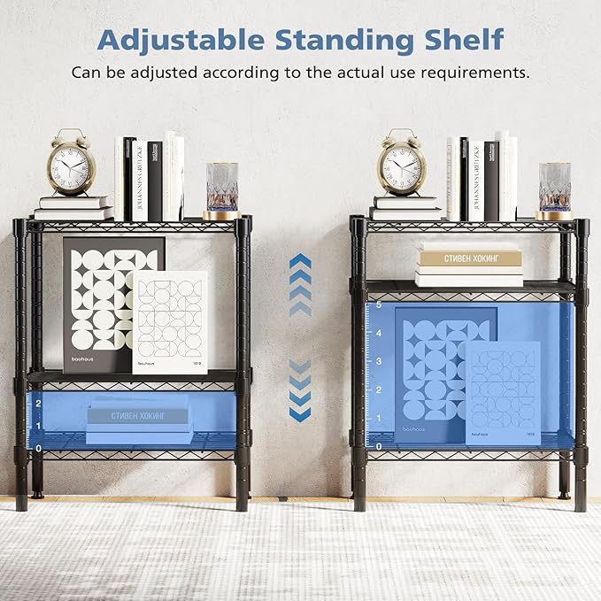 DUMOS 3-Tier Metal Wire Storage Shelves, Adjustable Standing Storage Rack Shelf, Heavy Duty Steel Shelving Unit Organizers for Kitchen Bathroom Pantry Garage, 23.2" W×13.4" D×30.3" H, Black