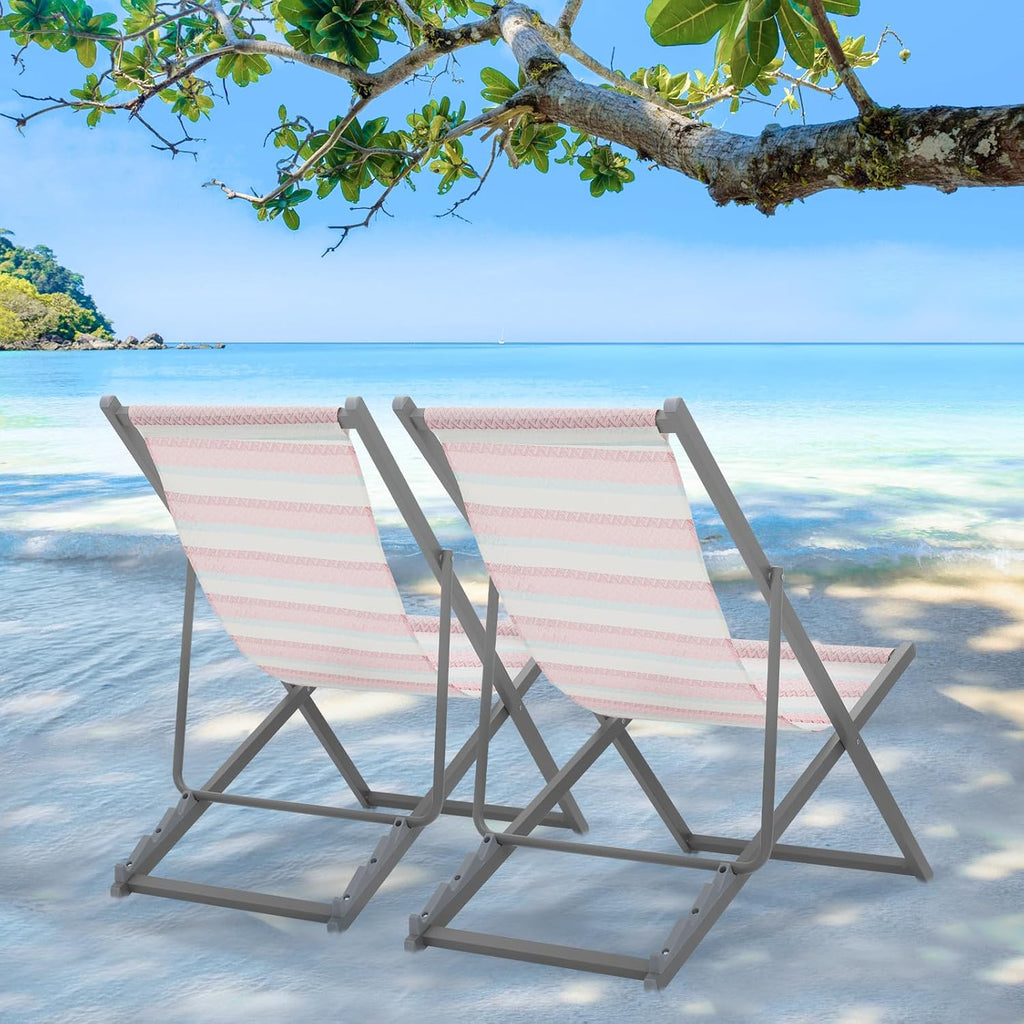 Magshion Folding Beach Sling Chairs Set of 2, 4 Level Adjustable Reclining Design, Lightweight Aluminum Frame, Portable Outdoor Chair for Backyard, Poolside and Camping, Support to 250 lbs, Stripes