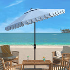 SAFAVIEH 9ft Outdoor Patio Umbrella, Round, Valance, Baby Blue & White Trim, Auto Crank Tilt, UV Resistant for Deck, Backyard, Poolside (PAT8006U)