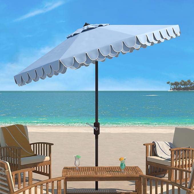 SAFAVIEH 9ft Outdoor Patio Umbrella, Round, Valance, Baby Blue & White Trim, Auto Crank Tilt, UV Resistant for Deck, Backyard, Poolside (PAT8006U)