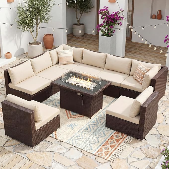 NICESOUL 9 Piece Modern Extra-Large Outdoor Patio Sectionals with Fire Pit Table Natural Gas & Propane, 29.3'' High Back Comfortable Conversations for Outside, Deep Seating Modular Sofa Couches, Tan
